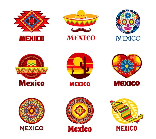 メキシコのソムブロスのベクトルのアイコン 民族パターンと地図 死んだ頭蓋骨の日 マリアッチ口ひげ 太陽とサボテン マヤのアステカ族の装飾サークルと心 メキシコ旅行 文化的兆候 — ストックベクタ