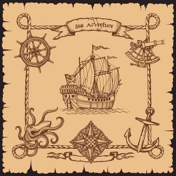 古旧的海盗船 有绳索框架边界 旧海图罗盘和六分仪草图 章鱼和风上升 矢量刻有船旗和船帆的船 小艇或护卫舰 — 图库矢量图片