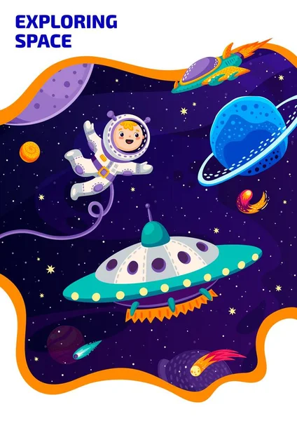 Cartaz Espacial Cartoon Kid Astronauta Ovni Espaço Foguete Planetas Fundo —  Vetores de Stock