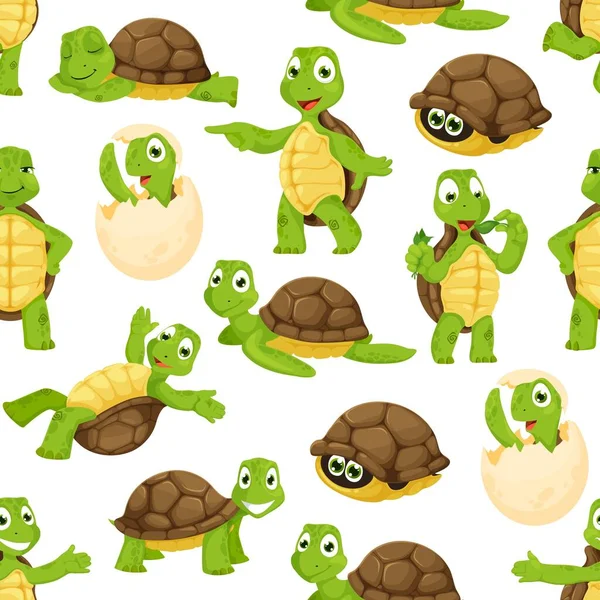 Tecknad Sköldpadda Personligheter Sömlös Mönster Söt Reptil Djur Karaktär Textil — Stock vektor