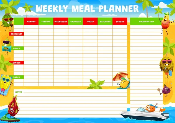 Tygodnik Planowania Posiłków Postacie Kreskówek Plaży Letniej Plan Wyżywienia Jedzenie — Wektor stockowy