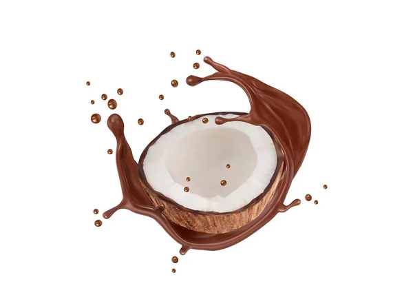 椰子和现实的巧克力牛奶飞溅波漩涡 3D矢量椰子坚果一半 白色肉和棕色液体飞溅和下降 含有甜可可可豆 天然产品的孤立热带植物 — 图库矢量图片