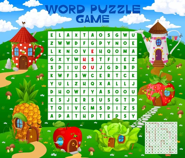 Word Search Puzzle Game Cartoon Fairytale Houses Village Vector Worksheet — Stock Vector