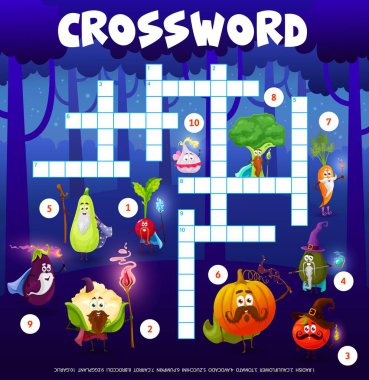 Çapraz bulmaca şebeke çizgi filmi sebze büyücüleri ve sihirbazlar, sınav oyunu. Vektör komik turp, karnabahar, domates, avokado ve kabak, balkabağı, havuç, brokoli, patlıcan ve sarımsaklı büyücü kişiliği.