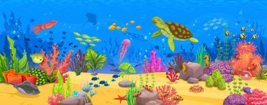 Kaplumbağa ve balık sürülerinin, yosunların, mercanların ve resiflerin olduğu su altı karikatürleri. Sualtı sualtı yaşam alanı, mercan resifi su dünyası arka planı veya deniz derin vahşi yaşam vektör sahnesi veya duvar kağıdı