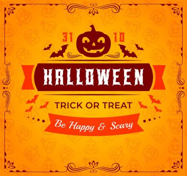 Cadılar Bayramı afişi, şeker mi şaka mı partisi için vektör tasarımı. Turuncu arkaplanda balkabağı, yarasalar ve tipografi ile girdap çerçeveli mutlu bayram tebrik kartları, korku gecesi davetiyesi