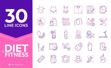 Taslak simgeleri. Diyet beslenme, sağlıklı yiyecekler, fitness sporu, kilo kontrolü, keto diyeti, vücut egzersizi ve egzersiz. Vector ince çizgi spor aletleri, vitaminler, su, vücut tipleri, pullar ve mezura