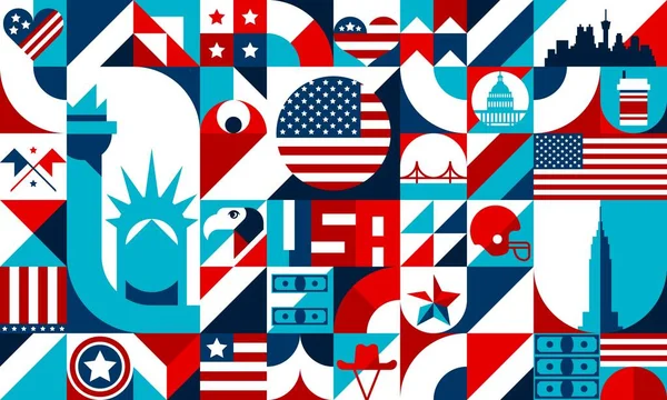 アブストラクト幾何学的な米国の形状 アメリカの旅行ランドマークのバウハウスパターン 単純な幾何学的図形 星や縞模様の旗 自由の像 ワシやカウボーイハットのベクトル背景 — ストックベクタ