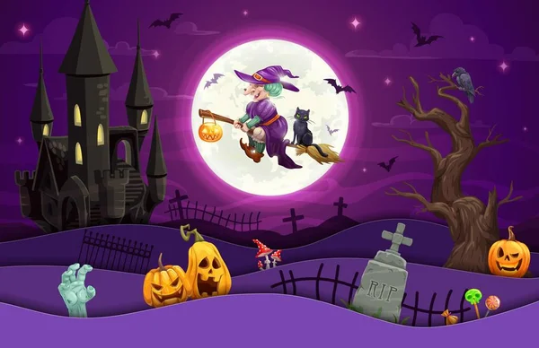 Halloween Papír Vágott Rajzfilm Repülő Boszorkány Temetőben Vektor Ünnep Papírvágás — Stock Vector