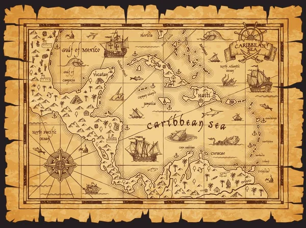 Alte Antike Alte Landkarte Der Karibik Kompasswindrose Segelschiffe Und Pirateninseln — Stockvektor