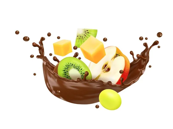 Fluxo Leite Chocolate Realista Respingo Com Frutas Isolado Realista Vetor — Vetor de Stock