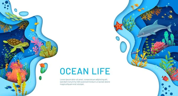 Cartoon Turtle Dolphin Seaweeds Fish Shoal Paper Cut Sea Underwater — Stock Vector