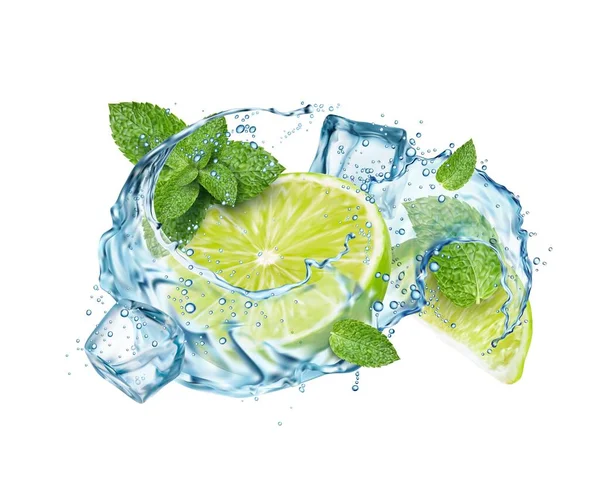 Ρεαλιστικό Ποτό Μοχίτο Splash Lime Φρούτα Φύλλα Δυόσμου Και Παγάκια — Διανυσματικό Αρχείο