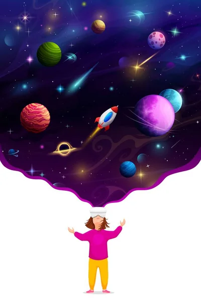 Girl Kid Helmet Looking Galaxy Space Planets Mesmerized Breathtaking Cosmic — Stock Vector