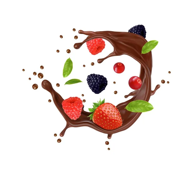 Realistische Schokoladenmilch Wirbel Mit Beeren Joghurt Und Heißer Kakao Geschmolzenes — Stockvektor