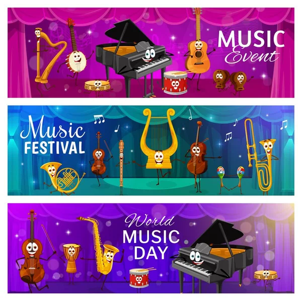 Personagens Instrumentos Musicais Desenhos Animados Palco Ópera Teatro Música Clássica —  Vetores de Stock
