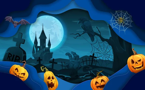 Halloween Papír Řezal Půlnoční Hrad Hřbitov Krajiny Vektorové Hororové Vánoční — Stockový vektor