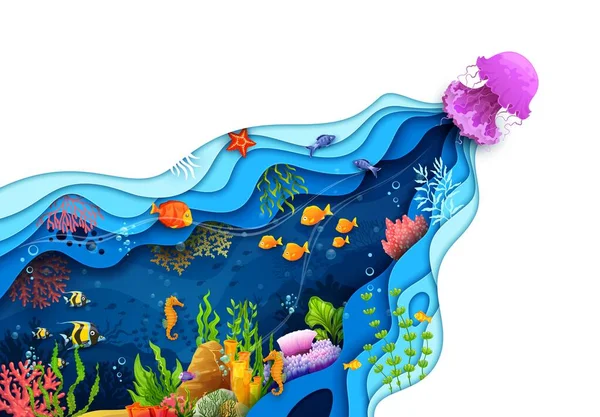 Karikatur Unterwasserlandschaft Papierschnitt Gelee Fische Fischschwärme Und Algen Skurrile Und — Stockvektor