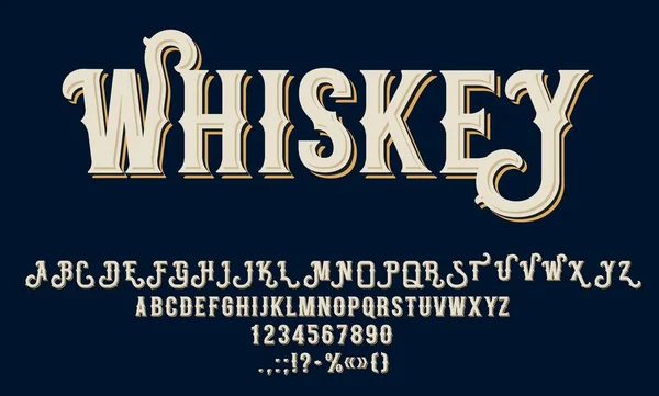 ヴィンテージウイスキーフォント アブサンタイプ アルコールラベル書体 ジンとビールのアルファベット ベクタータイポグラフィの華やかな大文字 句読点 影付き 琥珀色のウイスキーラベルフォントセット — ストックベクタ