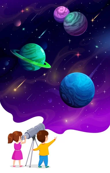 Miúdos Dos Desenhos Animados Olhar Através Telescópio Planetas Espaciais Crianças —  Vetores de Stock
