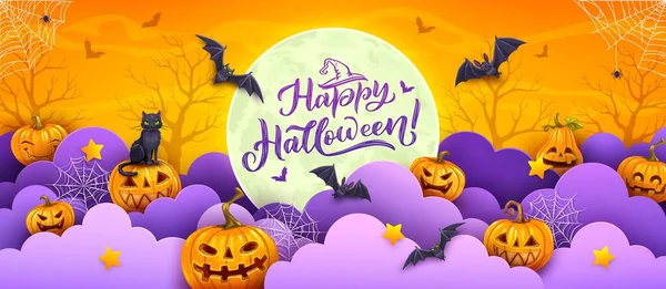 Bannière Halloween Papier Avec Citrouilles Chauves Souris Toiles Araignée Carte — Image vectorielle