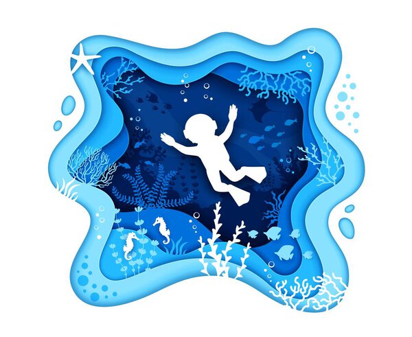 Diver silhouette on sea paper cut landscape. Seahorse, seaweeds and fish shoals mesmerizing underwater 3d vector scene. Mysterious, and teeming with marine life, it captures the beauty of ocean depths