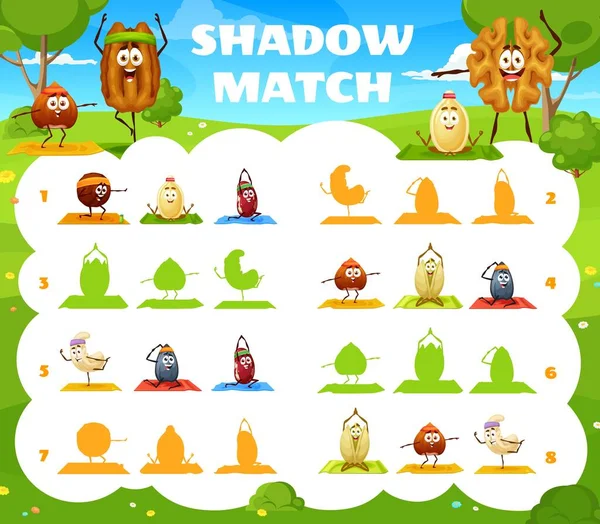 Cartoon Nuts Characters Yoga Fitness Shadow Match Game Worksheet Kids — Stock Vector