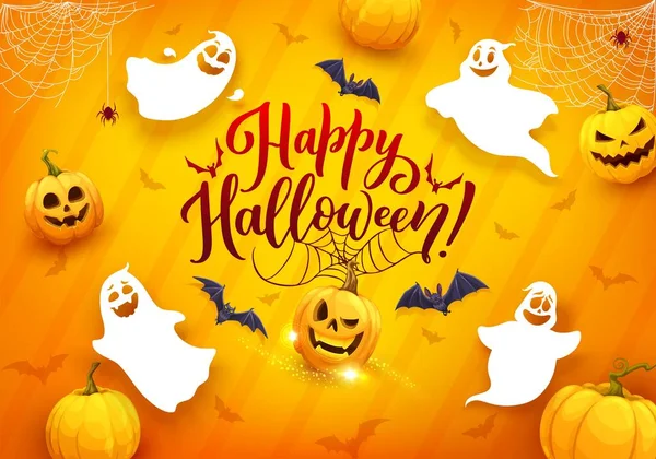 Tecknad Halloween Flygande Spöken Vektor Höst Semester Gratulationskort Med Roliga — Stock vektor