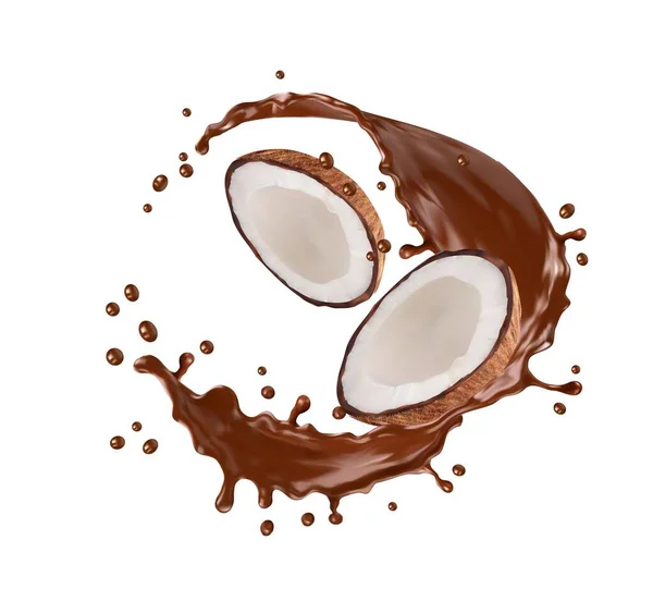 现实的巧克力和椰子一起泼洒 甜饮料 酸奶和热可可或鸡尾酒旋流分离出3D载体滴注 巧克力饮料 用椰子一半倒入现实的冰冻运动小片 — 图库矢量图片