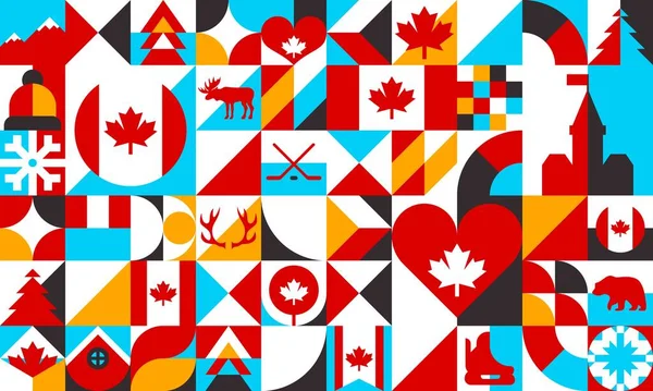 抽象幾何学的カナダの形 バウハウスパターン カナダの旅行ベクトルの背景 正方形 円と三角形 カエデの葉の旗 オタワ議会 ホッケー クマとムースの現代のコラージュ — ストックベクタ