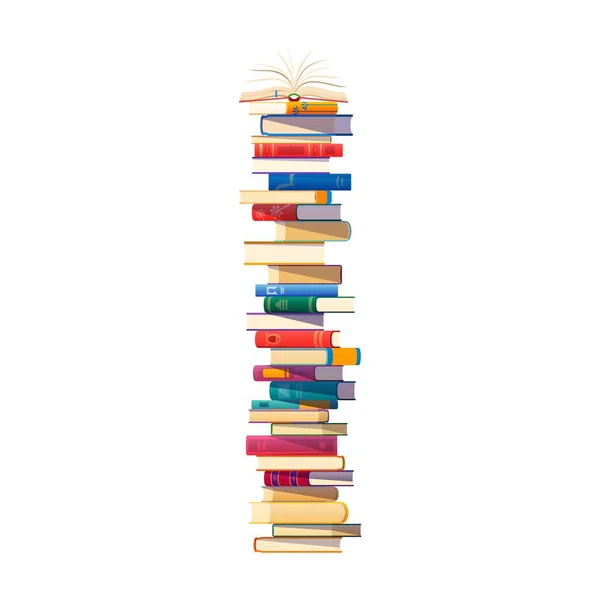 High Book Stack Cartoon Vector Pile Reading Materials Education Recreation — Vetor de Stock