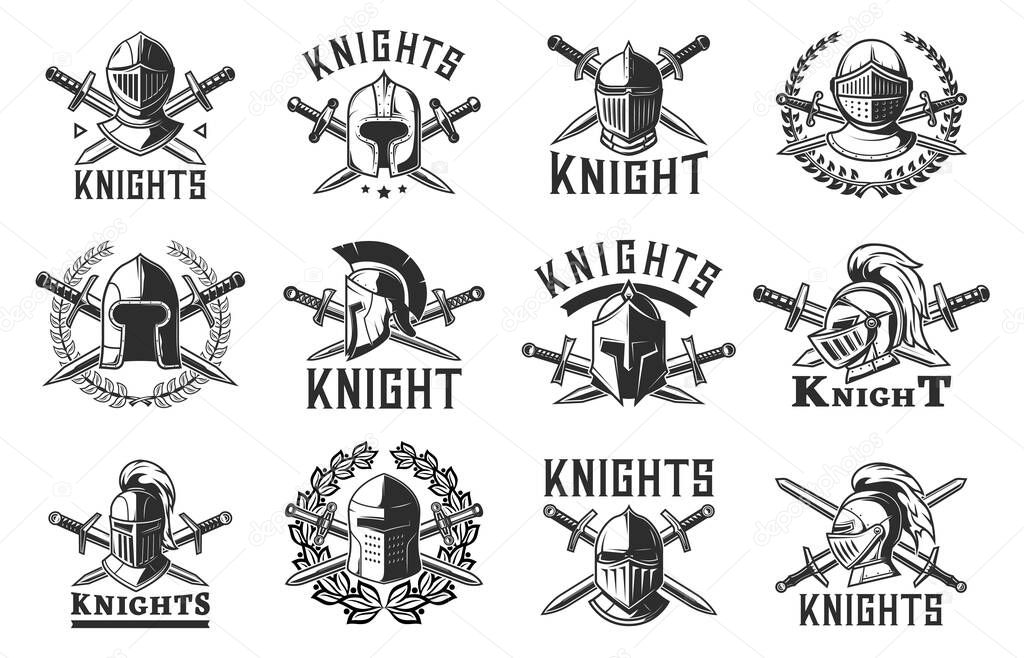 Knight warrior helmets heraldry, vector heraldic gladiator armor emblems of Spartan, Roman or Greek, Trojan Sparta soldier Medieval helmets with crossed swords and plumage in heraldic laurel wreath
