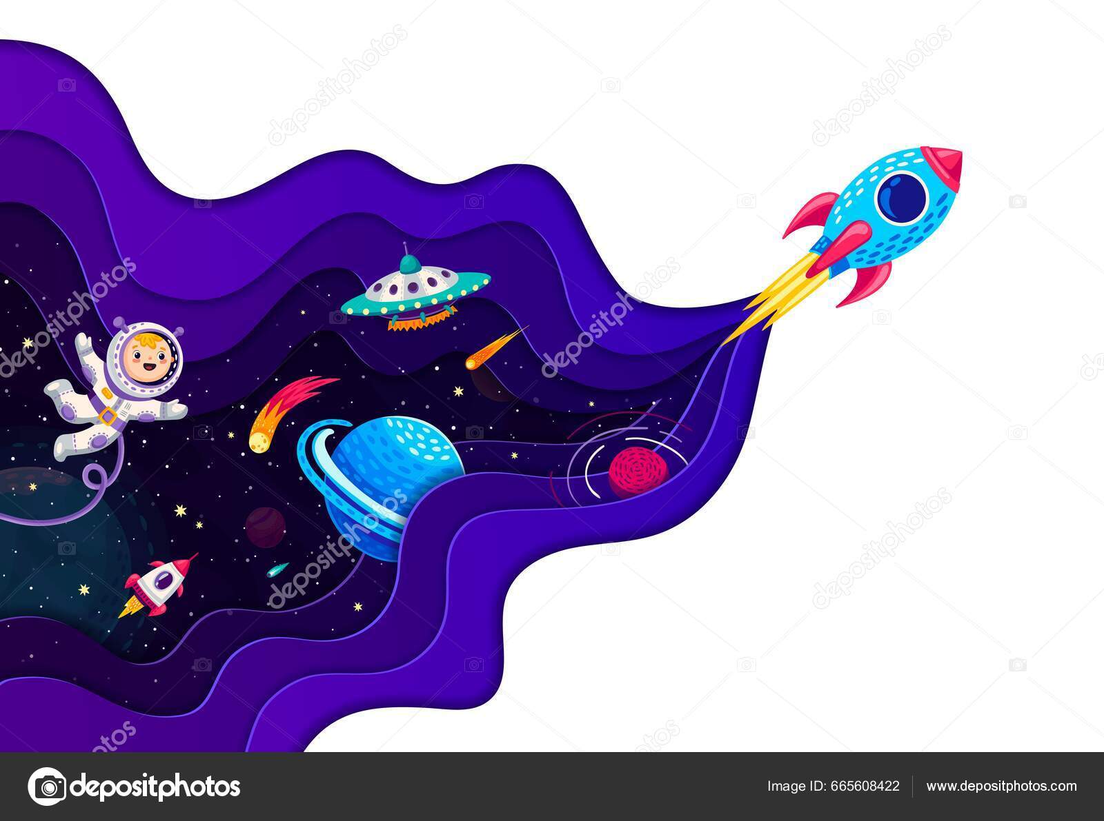 Romrakett Avfyrt Karikaturastronaut Galakseplaneter Ufo Plakat Laget  Rompapir Vektormorsom Barnekosmonaut stockvektor © VectorTradition  #665608422, image size:1600x1191
