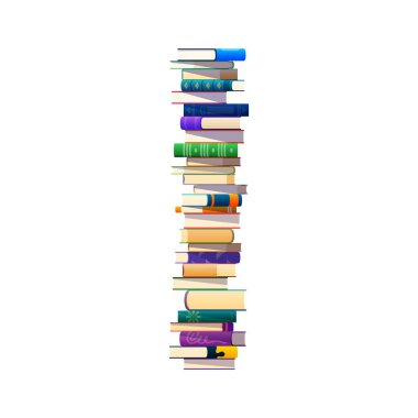Yüksek kitap yığını, renkli kapaklı, çeşitli boyut ve renklerde çizgi roman yığınları. Eğitim ve okuma için düzenli ve dengeli bir edebiyat yığını