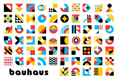 Soyut geometrik Bauhaus elementleri. Vektör modern grafik şekiller ve biçimler ayarlandı. Renkli daireler, kareler ve üçgenler, çizgiler, haçlar, noktalar ve zikzak bauhaus mozaik desen elementleri