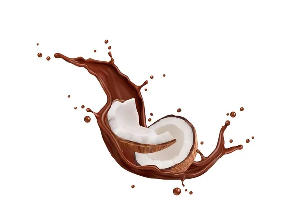 Realistische Schokoladenmilchwelle Und Kokosnuss Heißes Kakaogetränk Geschmolzenes Schokodessert Oder Joghurt — Stockvektor