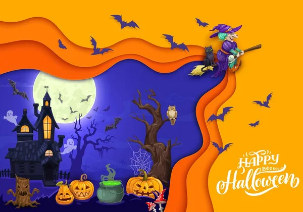 Halloween Paper Cut Landscape Cartoon Witch Castle Pumpkins Vector Holiday — Stock Vector