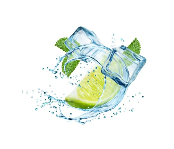 Mojito Lemonade Drink Swirl Water Splash Lime Leaves Ice Cubes — Stock Vector