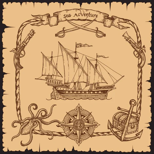 古旧的海盗船 有钢丝绳框架的草图 海上探险背景 旧式或古旧的海盗船或帆船及海上护卫舰 锚或宝箱及钢丝绳罗盘 — 图库矢量图片