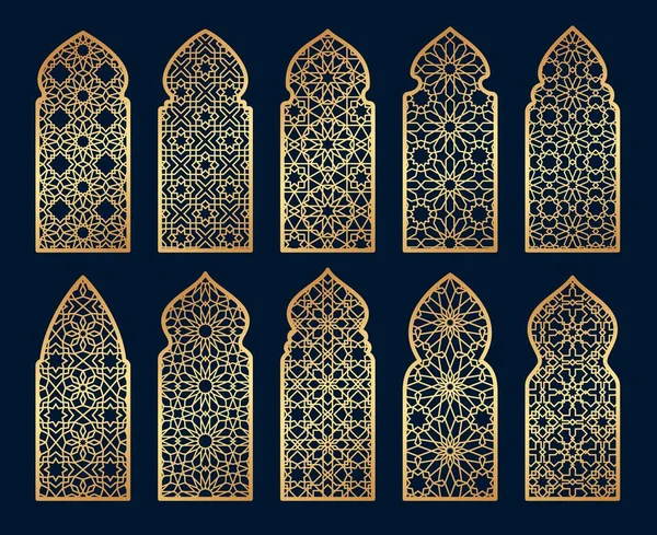 アラビアモスクの窓やゲートパターン 黄金のアーチ唐草装飾の形 金の幾何学的なモチーフを持つ古いアラビアドアや窓枠 マシュラビーヤ イスラム教のモスクや宮殿建築要素 — ストックベクタ