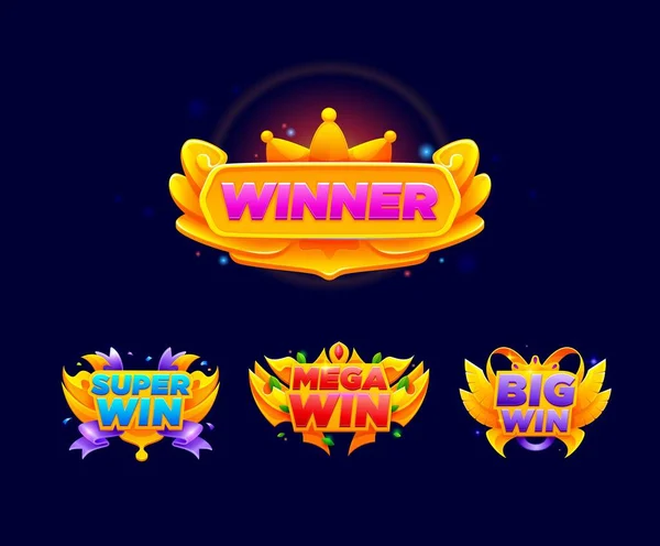 Game Win Popup Banner Victory Sign Badges Winner Congratulation Ribbons — Stock Vector