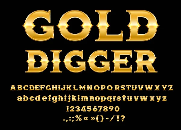 ヴィンテージ西洋フォント ゴールデンタイプ カジノのアルファベット サーカスやカーニバルレトロな書体 金文字 句読点付きベクトルタイポグラフィフォント 光沢のある黄色の金色の金属のヴィンテージAbc — ストックベクタ