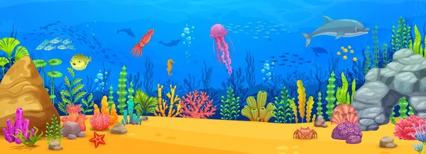 Cartoon underwater landscape with sea animals for game level background, vector undersea world. Ocean coral reef jellyfish with dolphin, starfish or crab and fish shoal for game level sea landscape