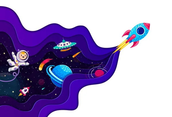 Lançamento Foguete Espacial Astronauta Dos Desenhos Animados Planetas Galácticos Ufo —  Vetores de Stock