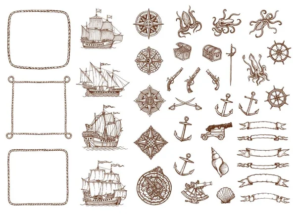 Régi Vintage Vázlatos Térkép Hajó Hajók Antik Iránytű Kagylók Kötél — Stock Vector