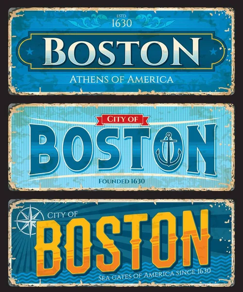 Bostońskie Tablice Naklejki Turystyczne Stolica Usa Massachusetts State Vector Grunge — Wektor stockowy