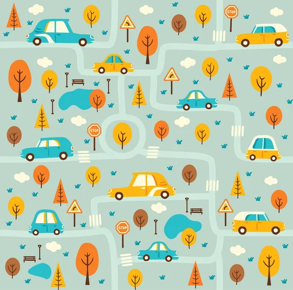 Παιδικό Αυτοκίνητο Αδιάλειπτη Μοτίβο Δρόμους Δέντρα Και Οχήματα Cartoon Πόλη — Διανυσματικό Αρχείο
