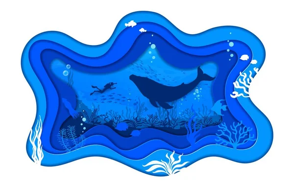 Papier Sous Marin Coupé Paysage Silhouettes Plongeurs Baleines Profondeur Océanique — Image vectorielle