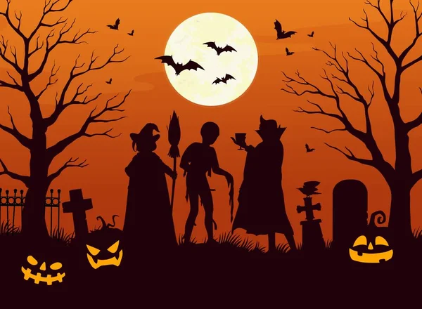 Halloween Character Silhouettes Cemetery Horror Night Holiday Vector Black Pumpkins — Stock Vector