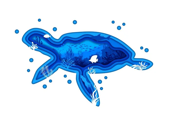 Cartoon Sea Turtle Paper Cut Silhouette Underwater Landscape Vector Papercut — Stock Vector